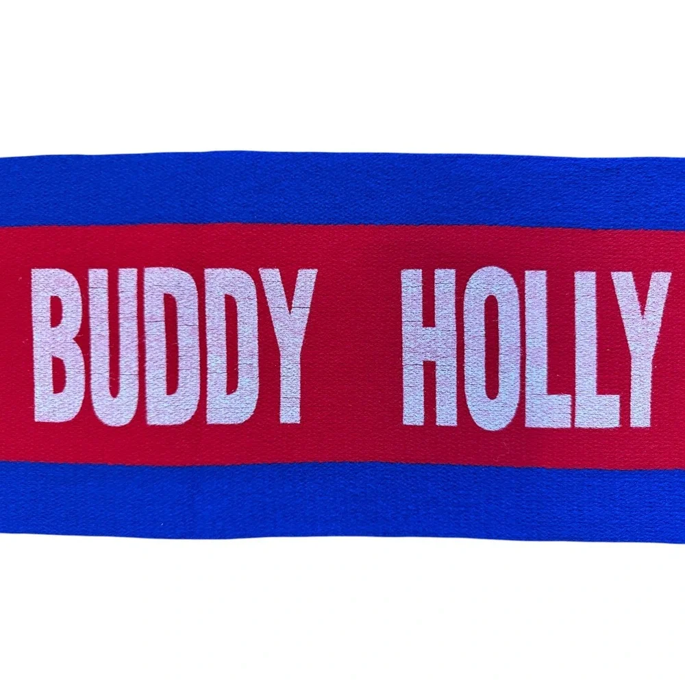 Vintage British Buddy Holly Society Fan Club Knit Scarf Red Blue Rock & Roll